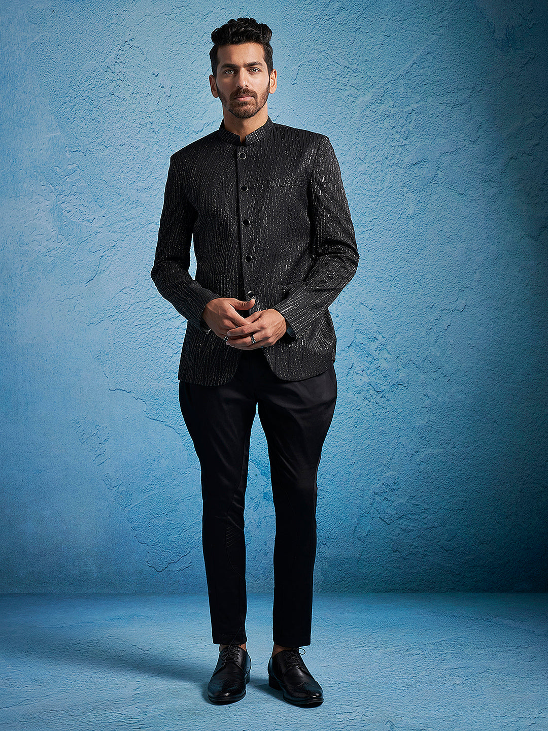 Men's Black Silk Blend Straight Jodhpuri Pyjama Set