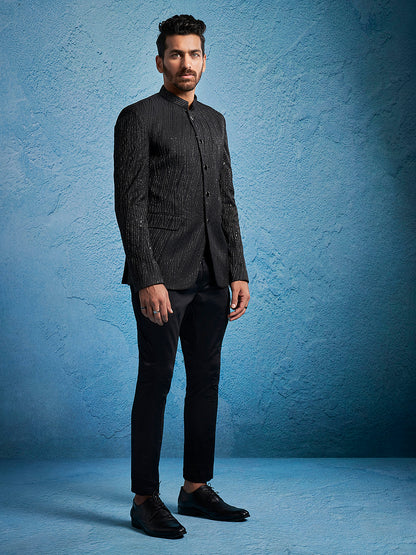 Men's Black Silk Blend Straight Jodhpuri Pyjama Set