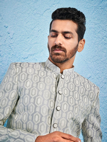 Men's Grey Silk Blend Straight Jodhpuri Pyjama Set