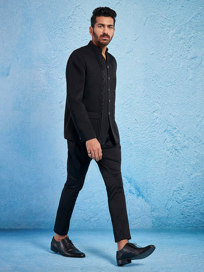 Men's Black Imported Suiting Straight Sherwani Set