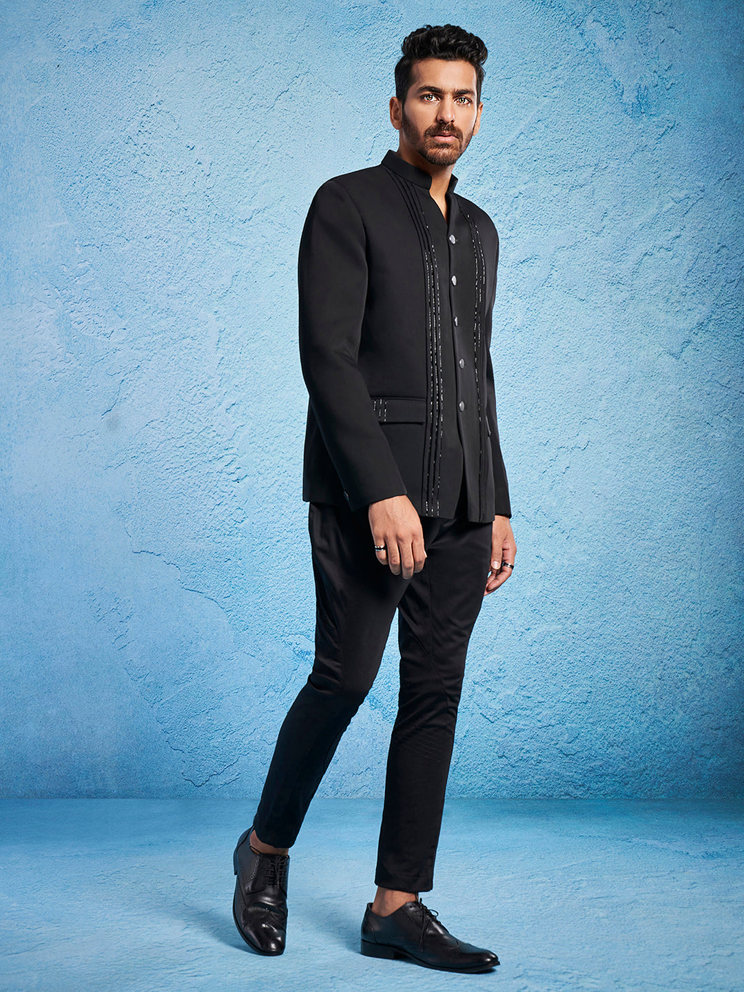 Men's Black Imported Suiting Straight Sherwani Set