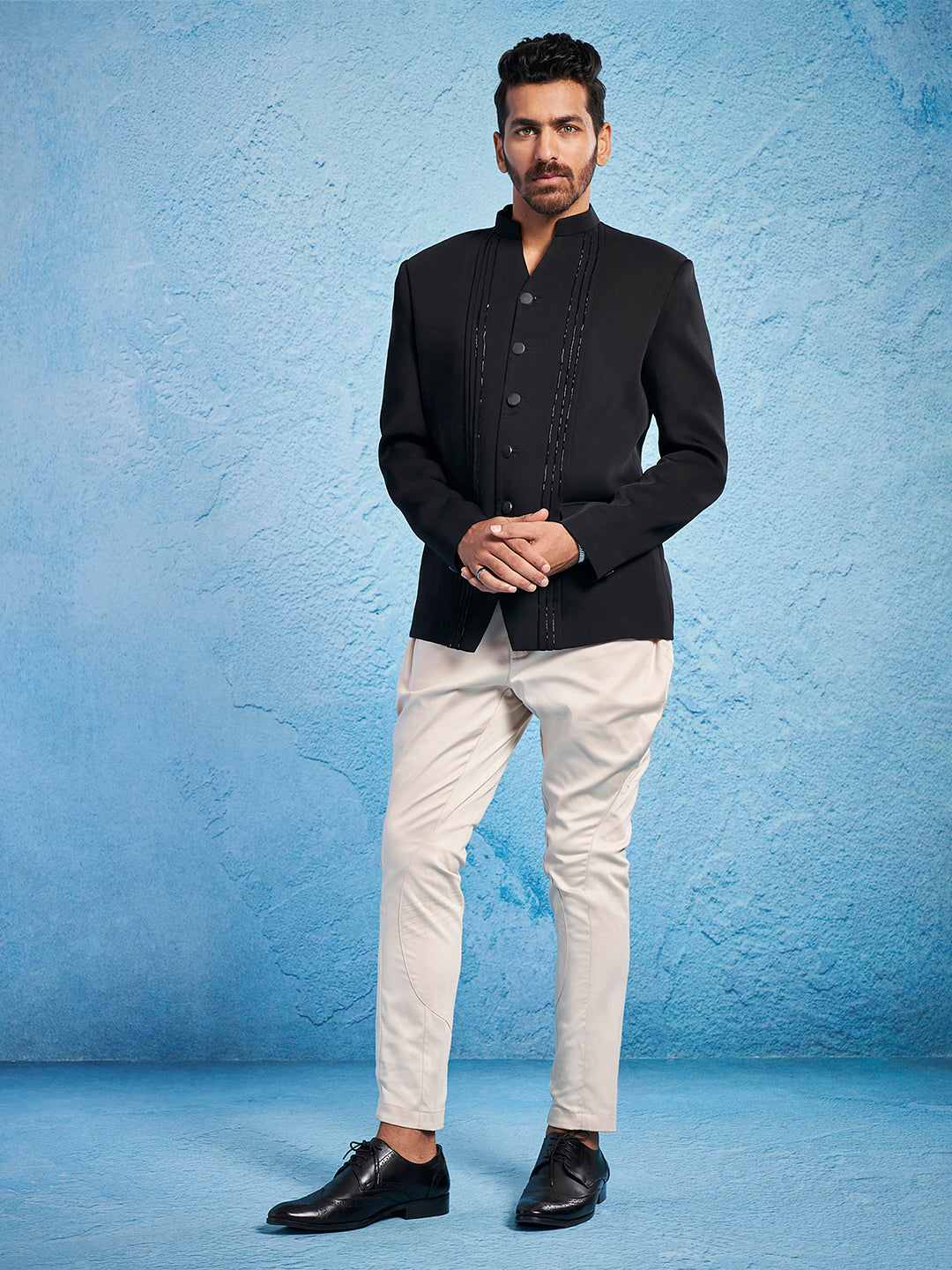 Men's Black Imported Suiting Straight Sherwani Set