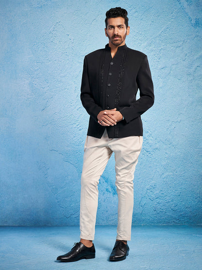 Men's Black Imported Suiting Straight Sherwani Set