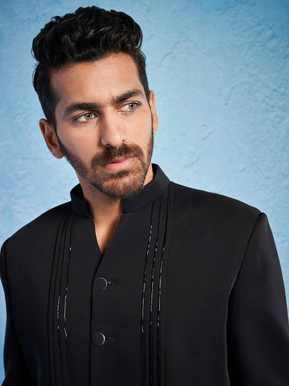 Men's Black Imported Suiting Straight Sherwani Set