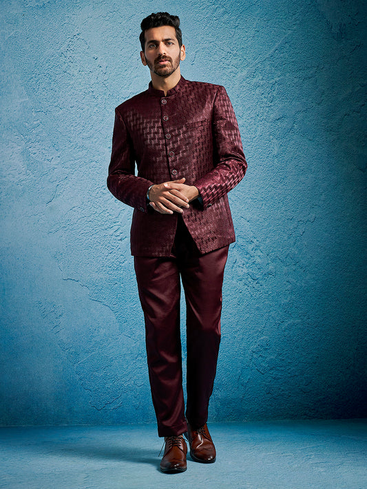 Men's Wine Silk Blend Straight Jodhpuri Pyjama Set
