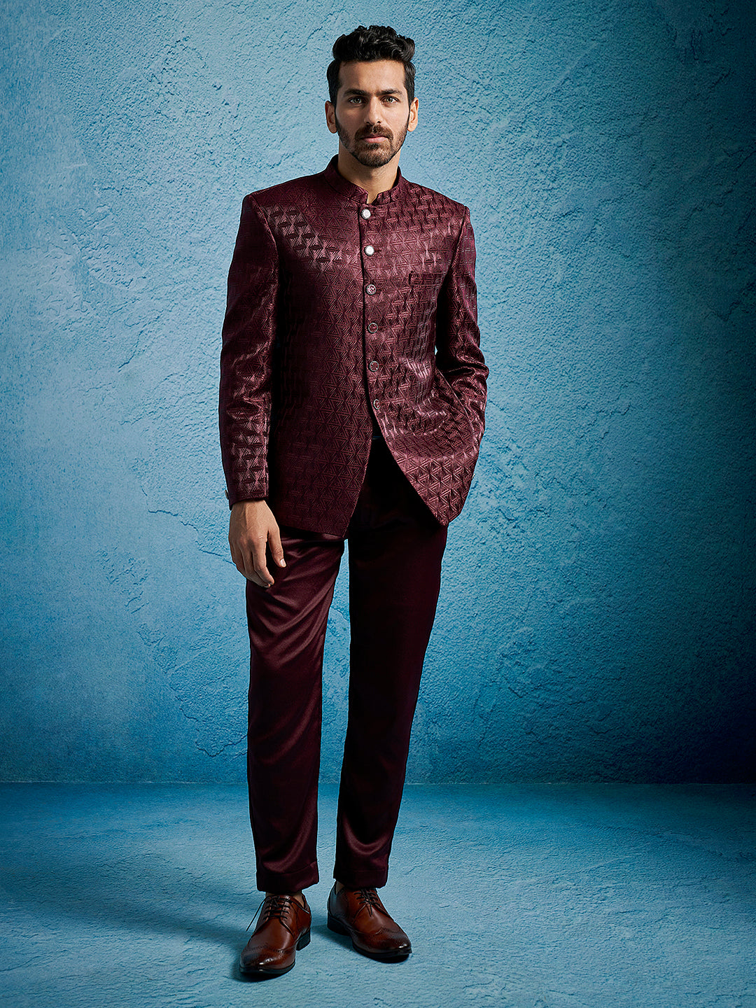 Men's Wine Silk Blend Straight Jodhpuri Pyjama Set
