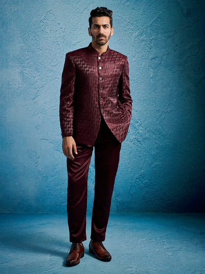 Men's Wine Silk Blend Straight Jodhpuri Pyjama Set