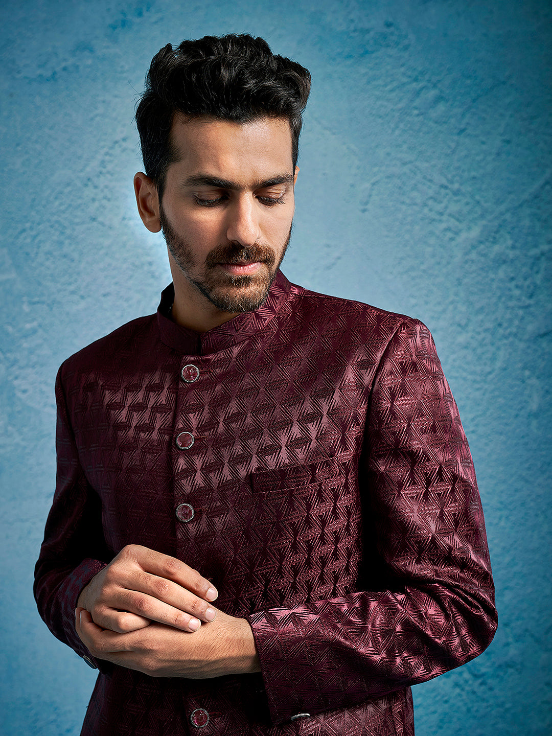 Men's Wine Silk Blend Straight Jodhpuri Pyjama Set