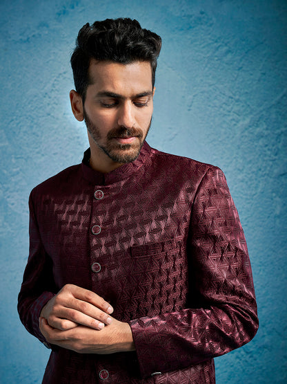 Men's Wine Silk Blend Straight Jodhpuri Pyjama Set