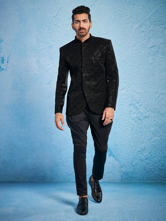 Men's Black Velvet Straight Jodhpuri Pyjama Set