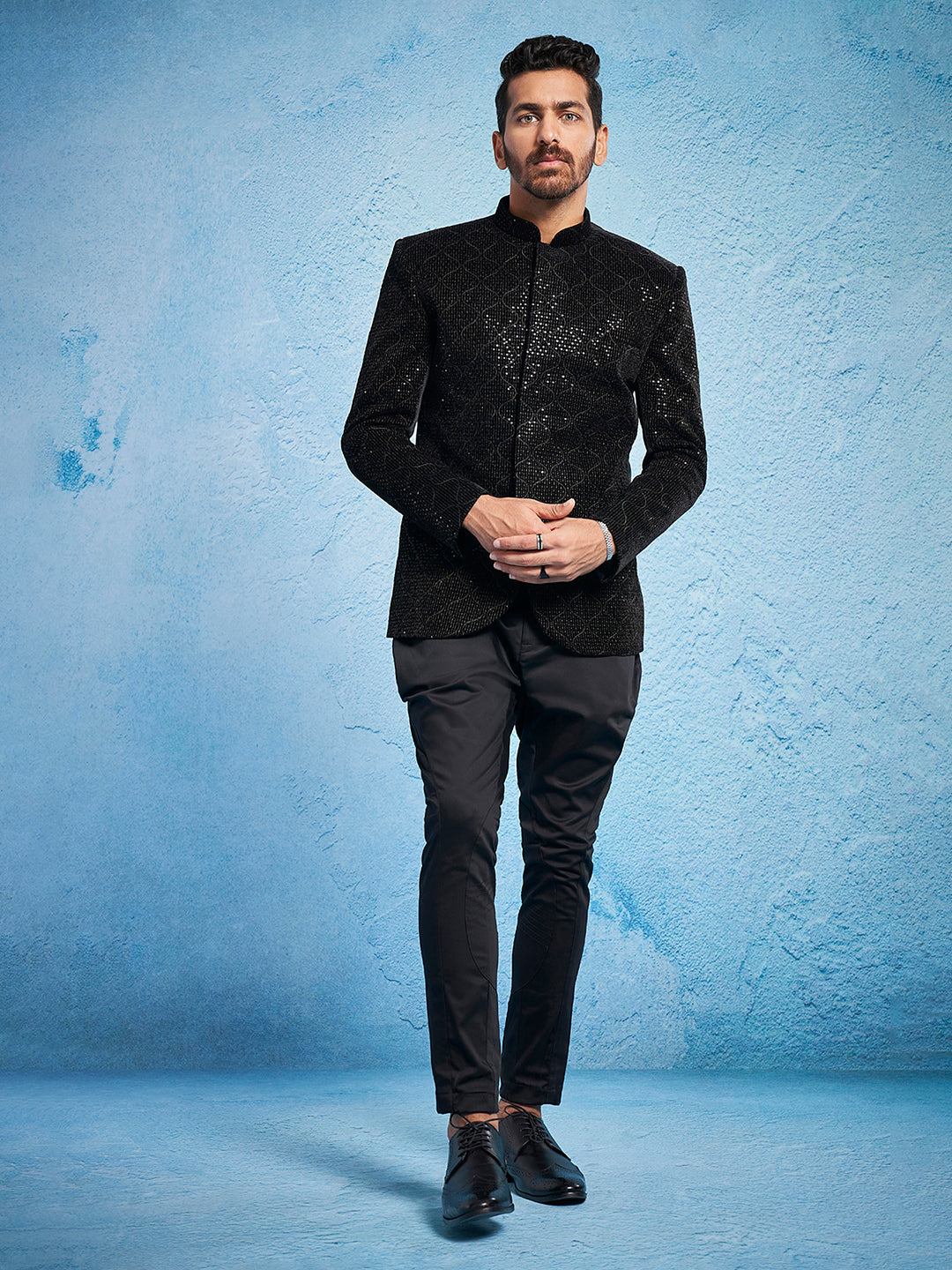 Men's Black Velvet Straight Jodhpuri Pyjama Set