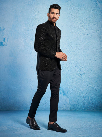Men's Black Velvet Straight Jodhpuri Pyjama Set