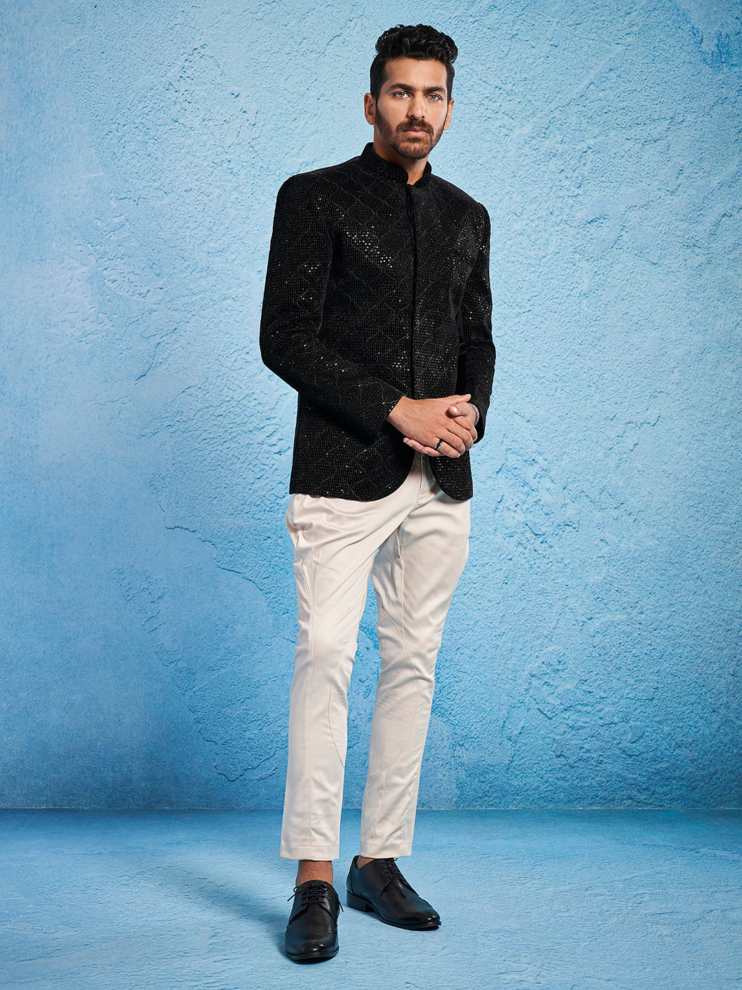 Men's Black Velvet Straight Jodhpuri Pyjama Set