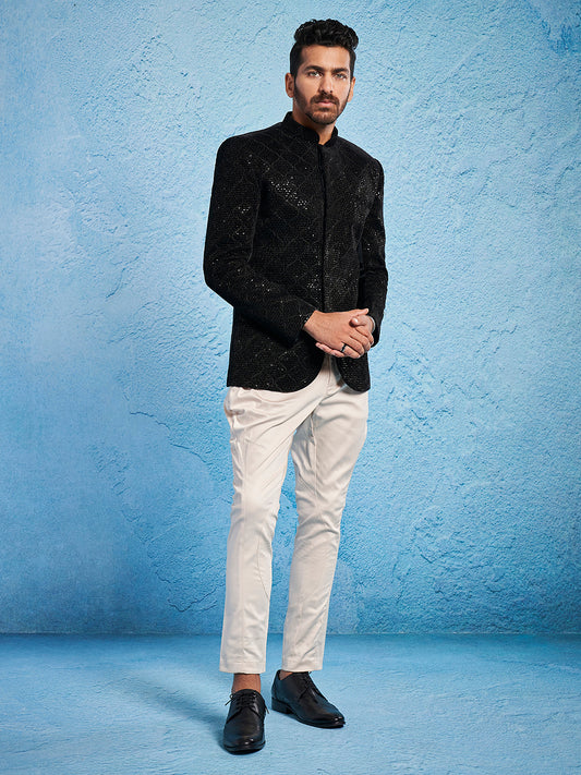 Men's Black Velvet Straight Jodhpuri Pyjama Set