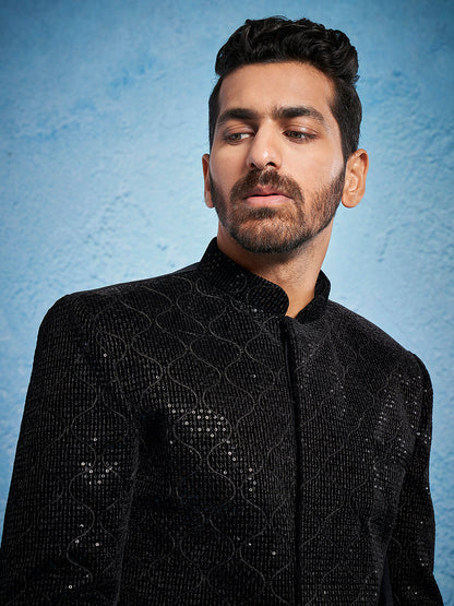 Men's Black Velvet Straight Jodhpuri Pyjama Set