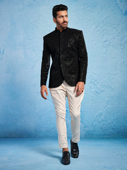 Men's Black Velvet Straight Jodhpuri Pyjama Set