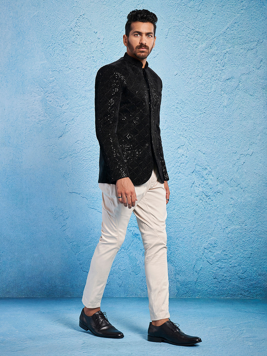 Men's Black Velvet Straight Jodhpuri Pyjama Set