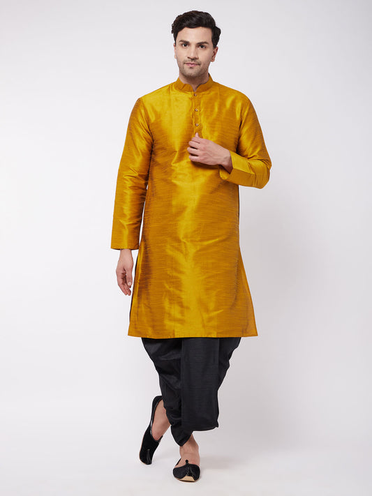 Men's Mustard Silk Blend Straight Kurta and Dhoti Set