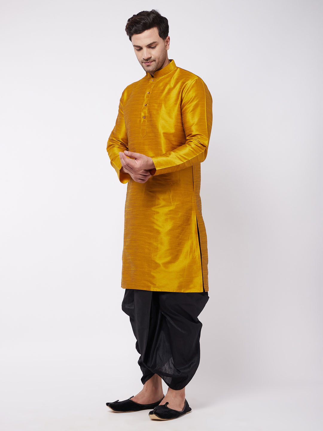 Men's Mustard Silk Blend Straight Kurta and Dhoti Set