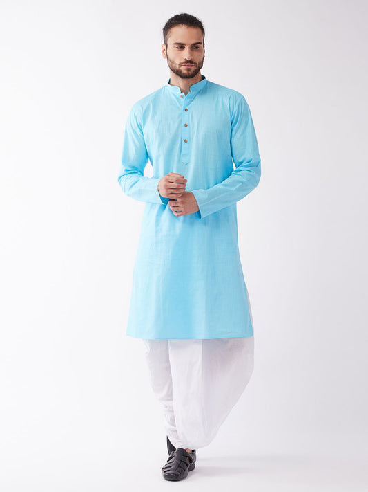 Men's Aqua Cotton Blend Straight Kurta and Dhoti Set