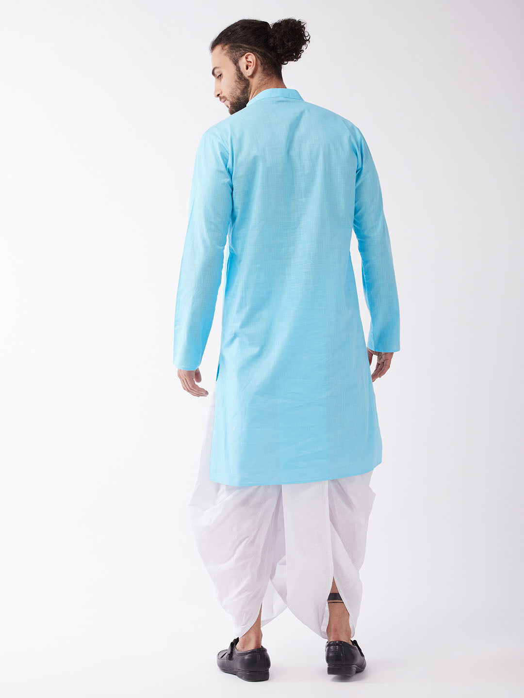 Men's Aqua Cotton Blend Straight Kurta and Dhoti Set