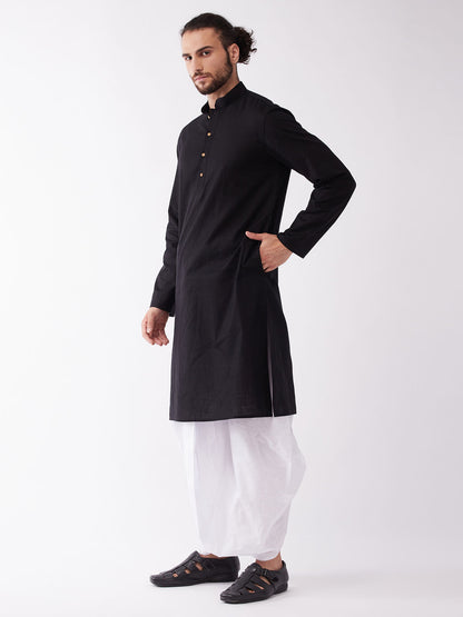 Men's Black Cotton Blend Straight Kurta and Dhoti Set