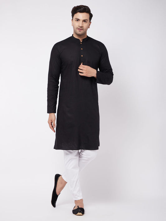 Men's Black Cotton Linen Straight Kurta Pyjama Set
