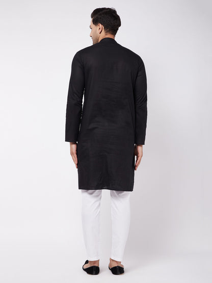Men's Black Cotton Linen Straight Kurta Pyjama Set