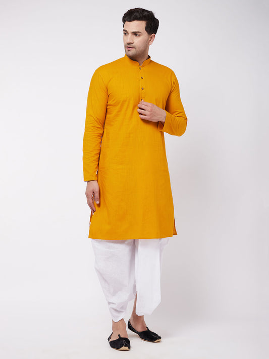 Men's Mustard Cotton Blend Straight Kurta and Dhoti Set