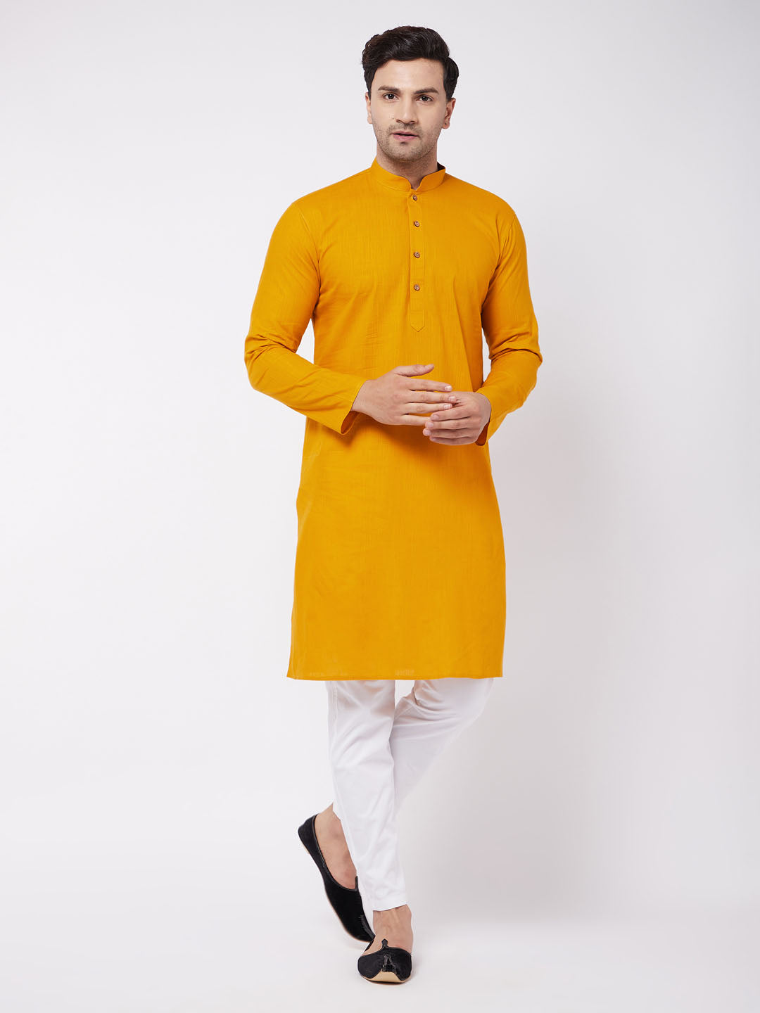 Men's Mustard Cotton Blend Straight Kurta Pyjama Set