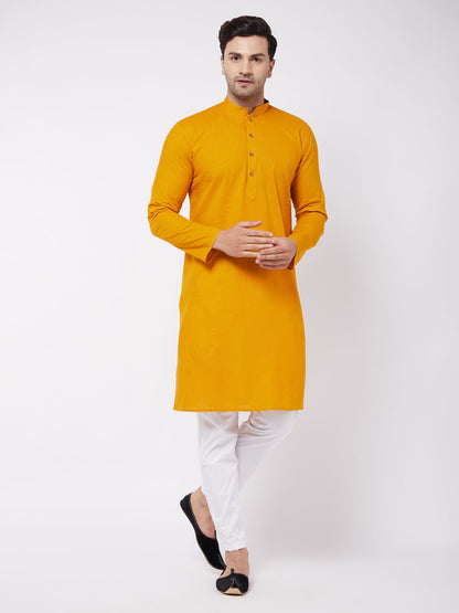 Men's Mustard Cotton Blend Straight Kurta Pyjama Set