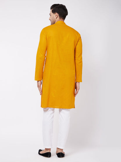 Men's Mustard Cotton Blend Straight Kurta Pyjama Set