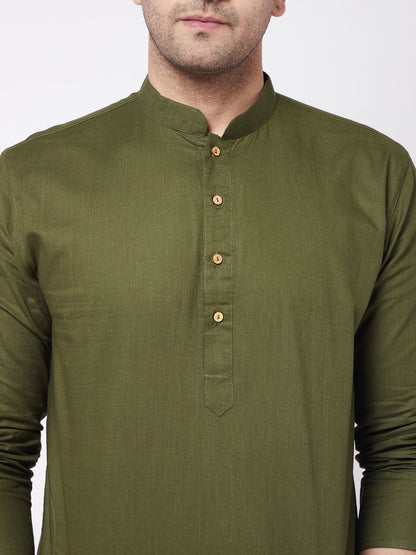 Men's Green Cotton Linen Straight Kurta Pyjama Set