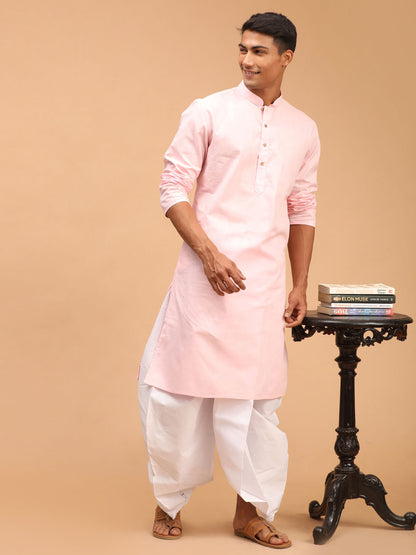 Men's Pink Cotton Blend Straight Kurta and Dhoti Set