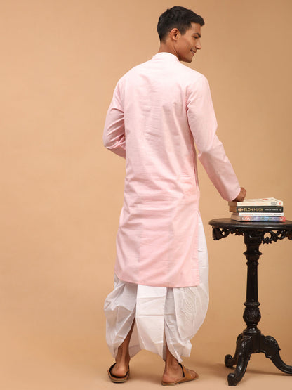 Men's Pink Cotton Blend Straight Kurta and Dhoti Set