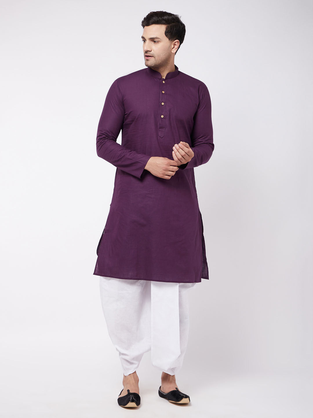 Men's Purple Cotton Blend Straight Kurta and Dhoti Set