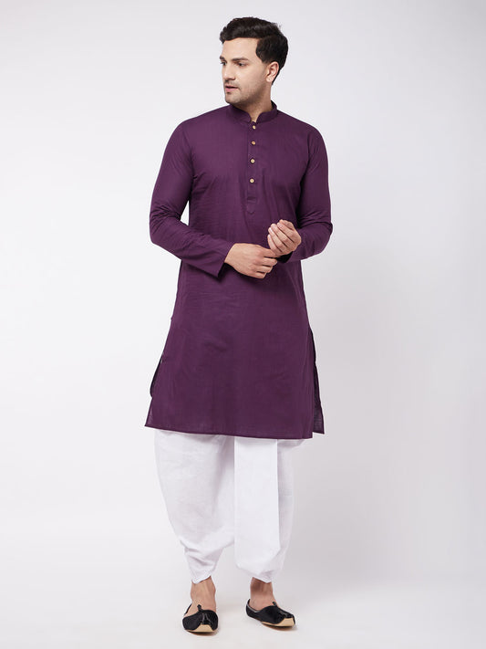 Men's Purple Cotton Blend Straight Kurta and Dhoti Set