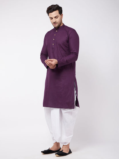 Men's Purple Cotton Blend Straight Kurta and Dhoti Set