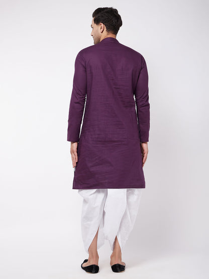 Men's Purple Cotton Blend Straight Kurta and Dhoti Set