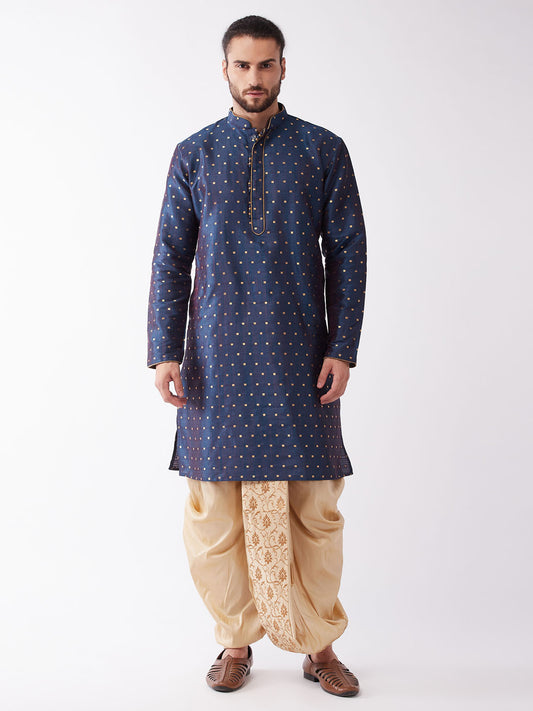 Men's Blue Silk Blend Straight Kurta and Dhoti Set