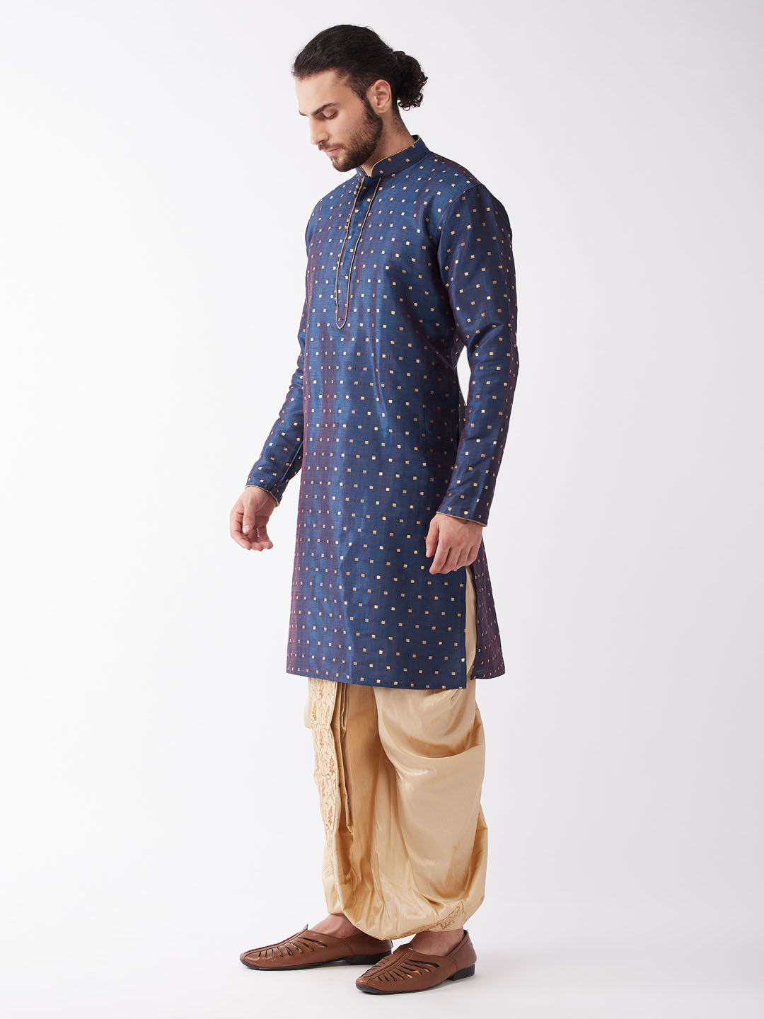 Men's Blue Silk Blend Straight Kurta and Dhoti Set