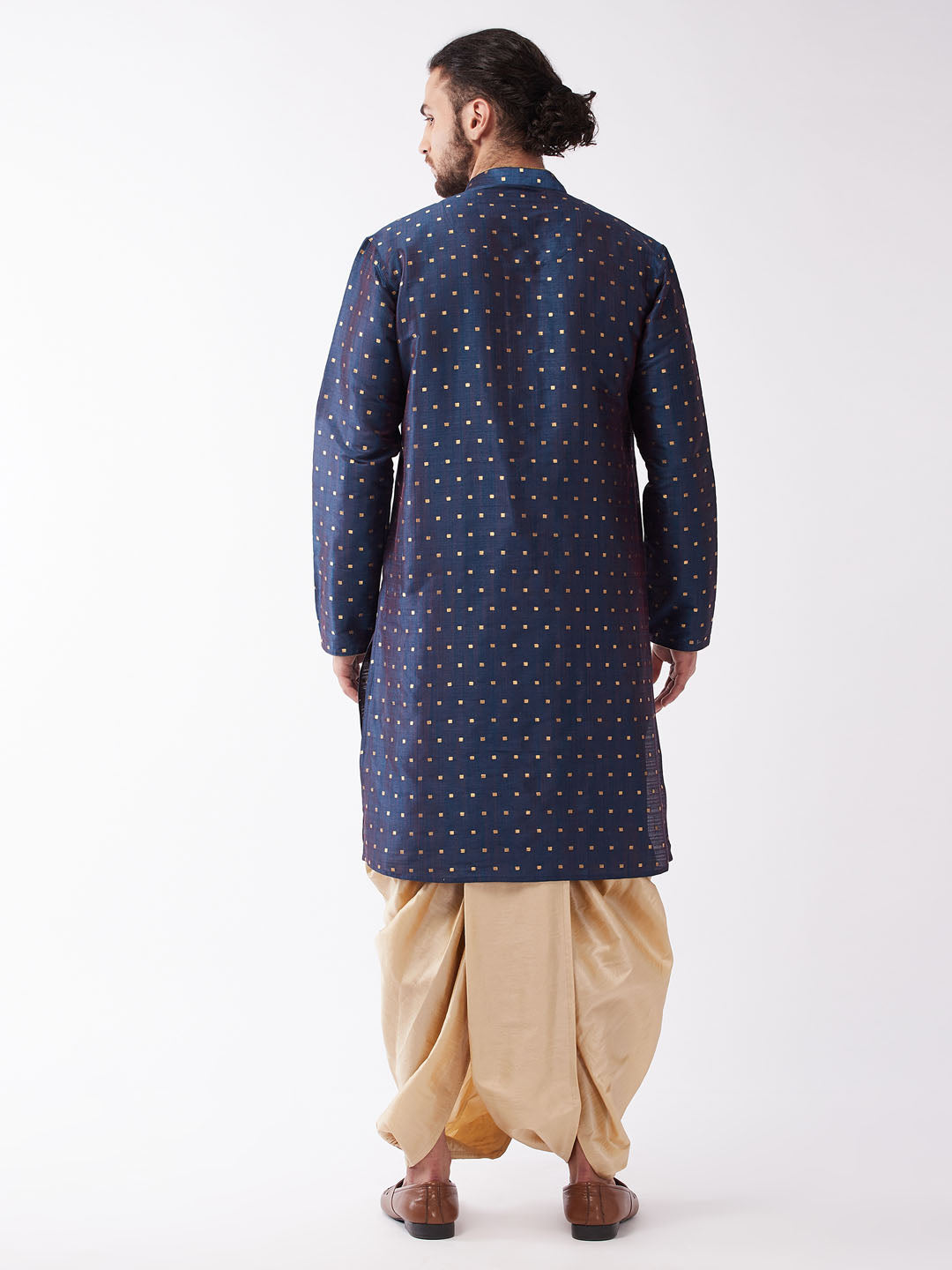 Men's Blue Silk Blend Straight Kurta and Dhoti Set