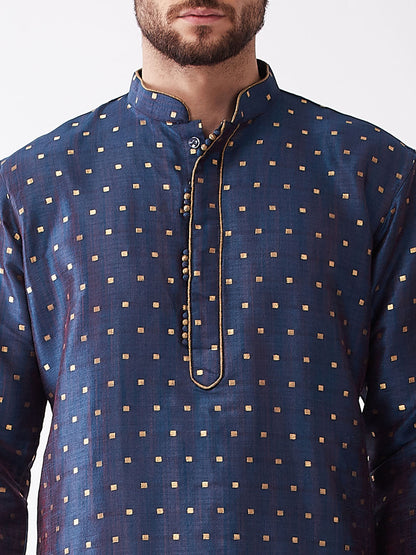 Men's Blue Silk Blend Straight Kurta and Dhoti Set