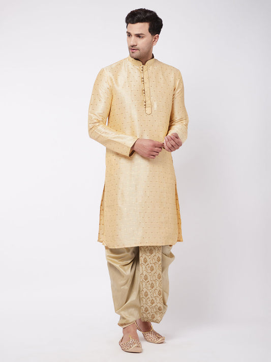 Men's Beige Silk Blend Straight Kurta and Dhoti Set