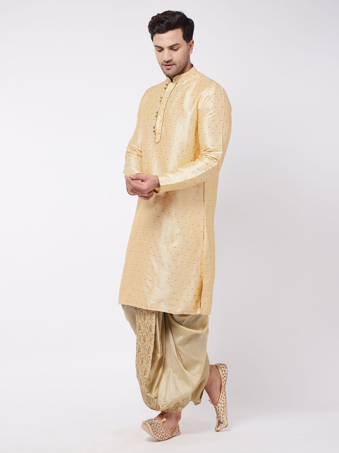 Men's Beige Silk Blend Straight Kurta and Dhoti Set