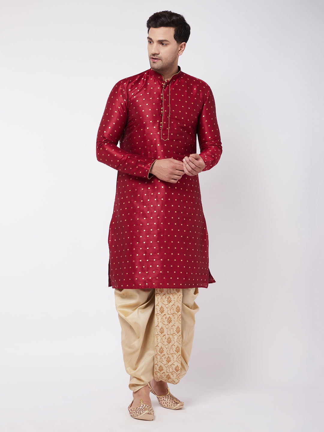 Men's Maroon Silk Blend Straight Kurta and Dhoti Set