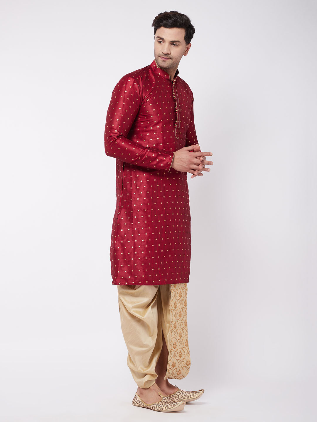 Men's Maroon Silk Blend Straight Kurta and Dhoti Set