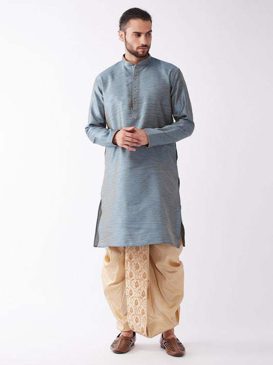 Men's Aqua Silk Blend Straight Kurta and Dhoti Set
