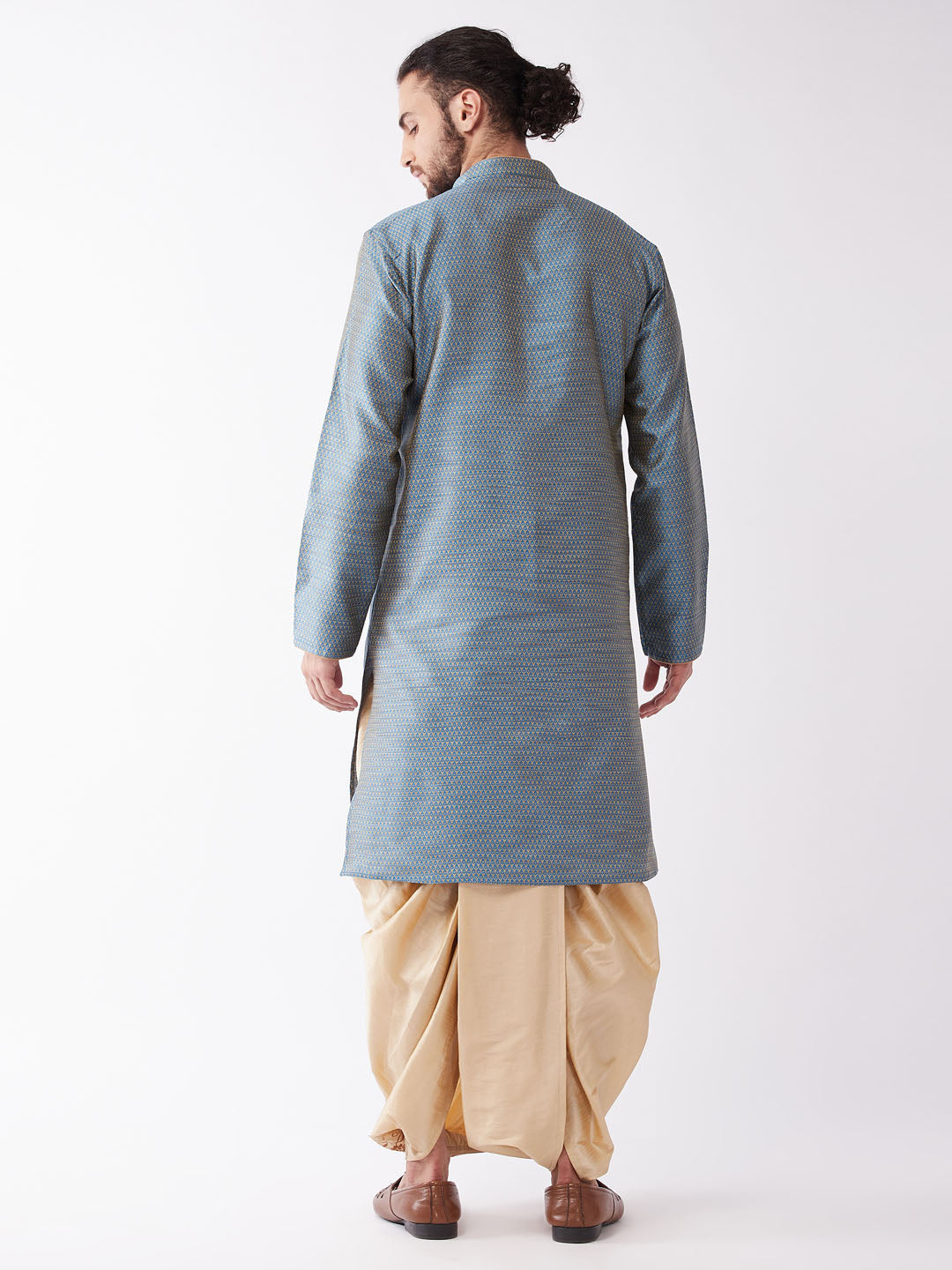 Men's Aqua Silk Blend Straight Kurta and Dhoti Set