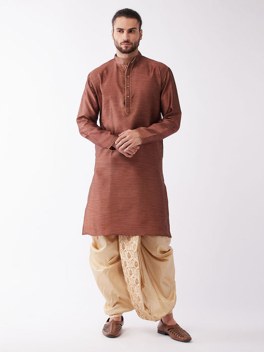 Men's Maroon Silk Blend Straight Kurta and Dhoti Set